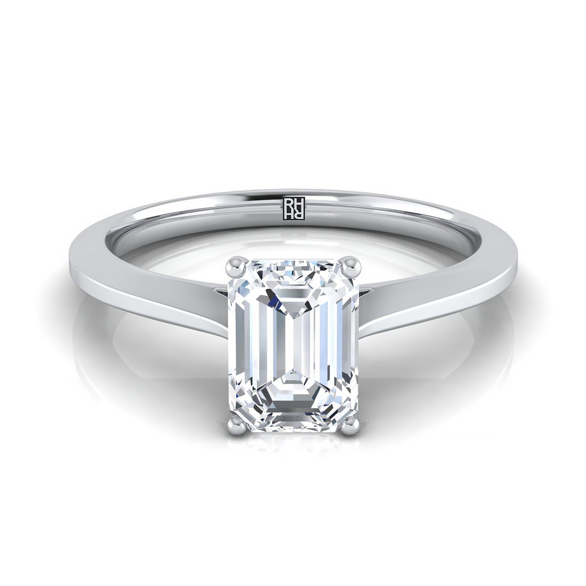 European Cut, Timeless Graduated Beveled Shank Solitaire Emerald, in Platinum, prong setting | RockHer