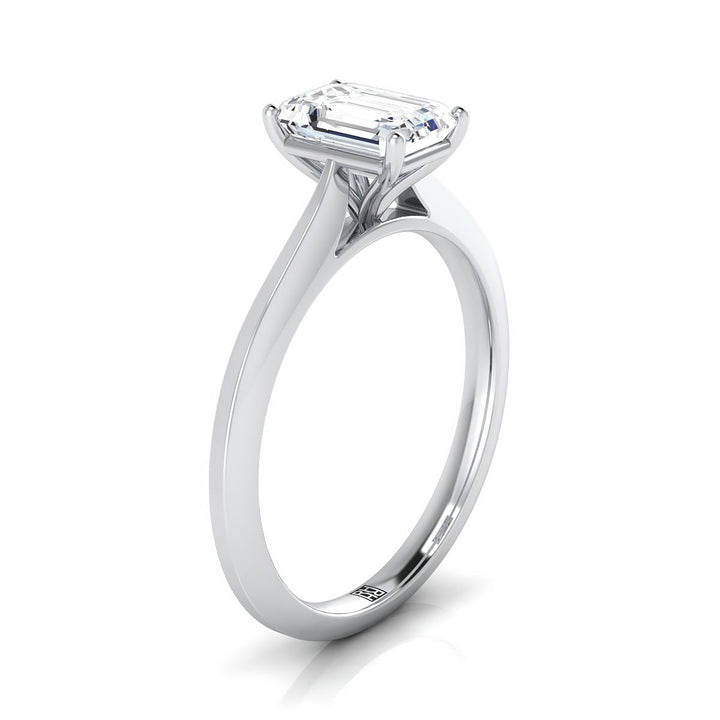 European Cut, Timeless Graduated Beveled Shank Solitaire Emerald, in 18K White Gold, prong setting – side profile | RockHer