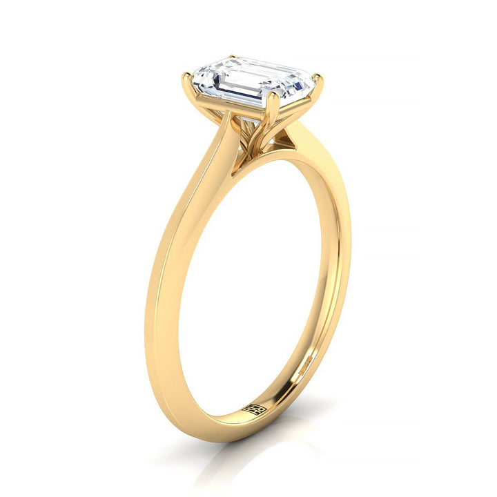 European Cut, Timeless Graduated Beveled Shank Solitaire Emerald, in 18K Yellow Gold, prong setting – side profile | RockHer