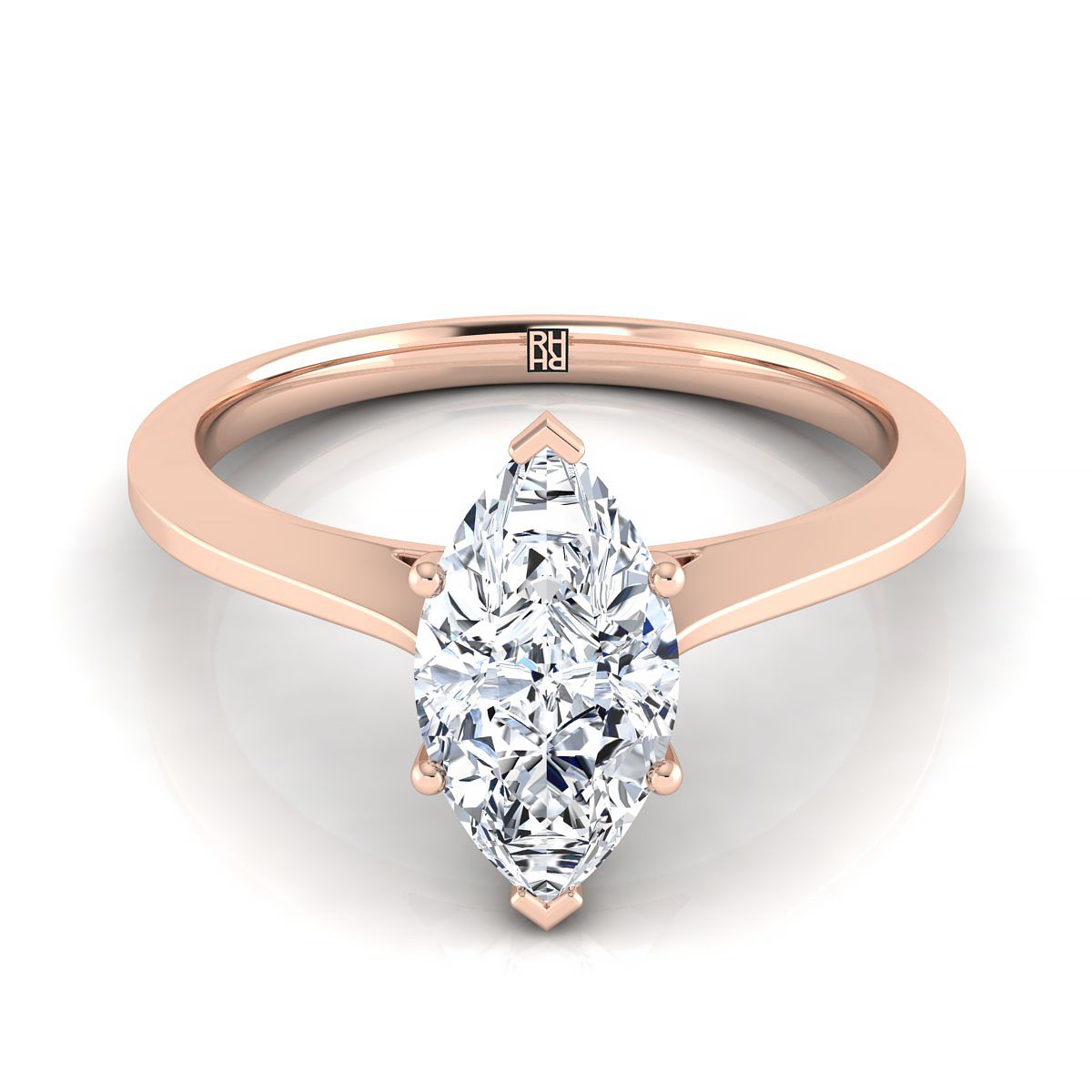 Timeless Graduated Beveled Shank Solitaire Marquise, in 14K Rose Gold, prong setting | RockHer