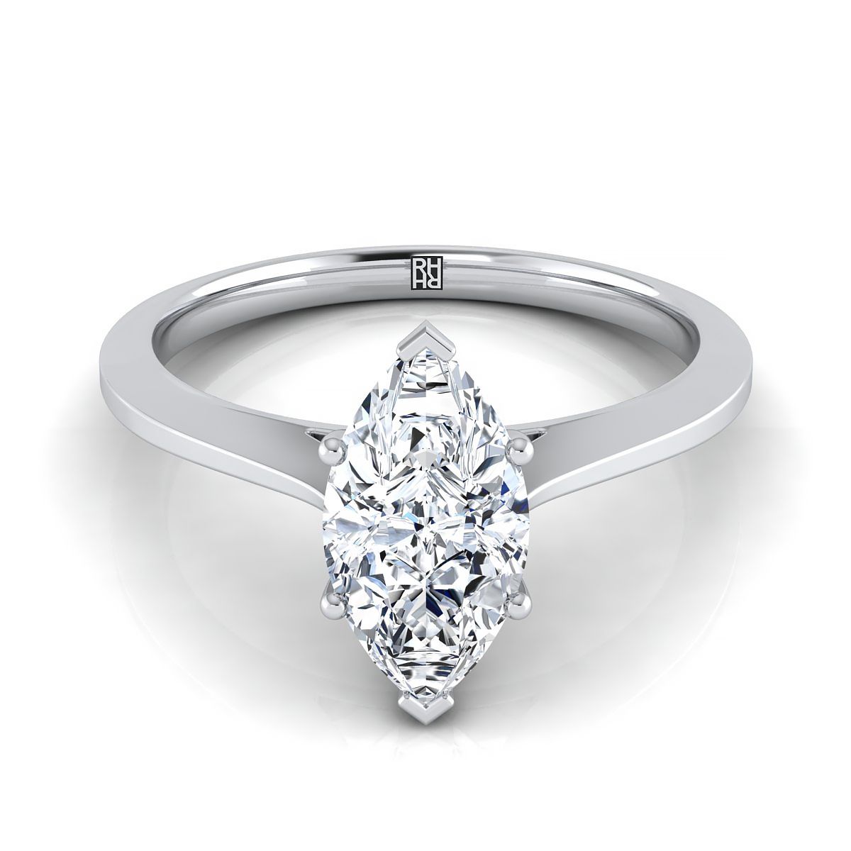 Timeless Graduated Beveled Shank Solitaire Marquise, in Platinum, prong setting | RockHer