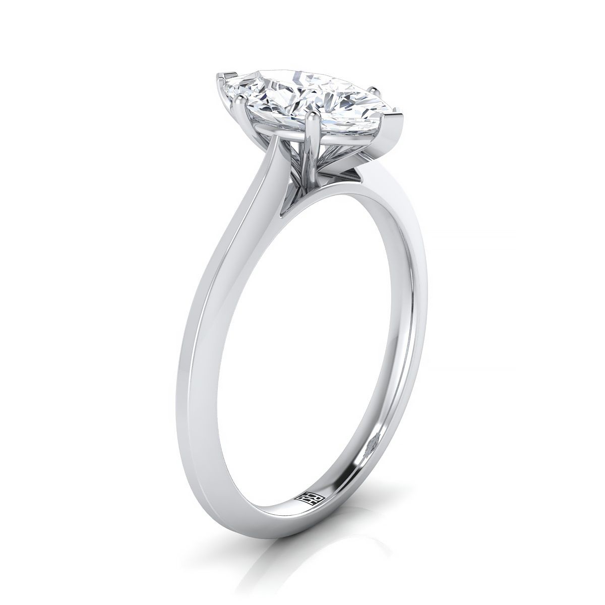Timeless Graduated Beveled Shank Solitaire Marquise, in 18K White Gold, prong setting – side profile | RockHer