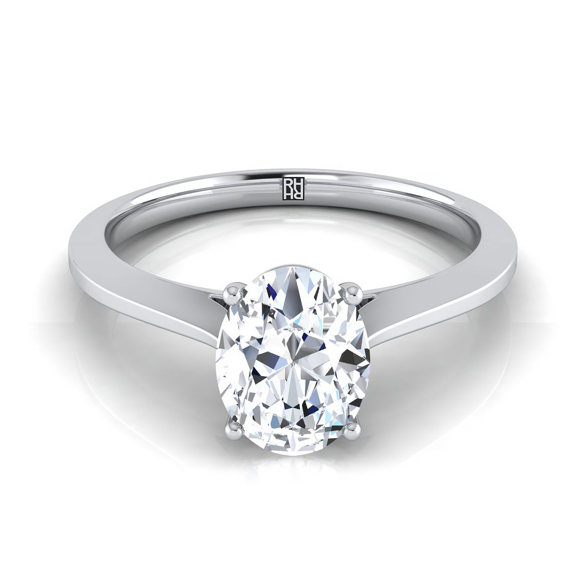 Timeless Graduated Beveled Shank Solitaire Oval, in 18K White Gold, prong setting | RockHer