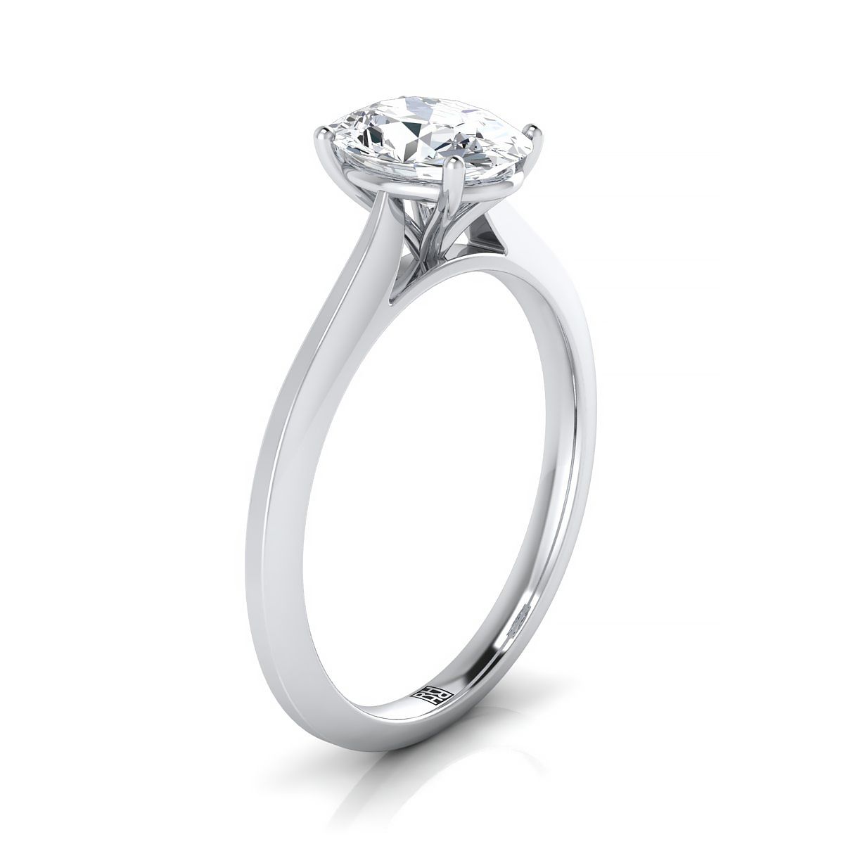 Timeless Graduated Beveled Shank Solitaire Oval, in 18K White Gold, prong setting – side profile | RockHer