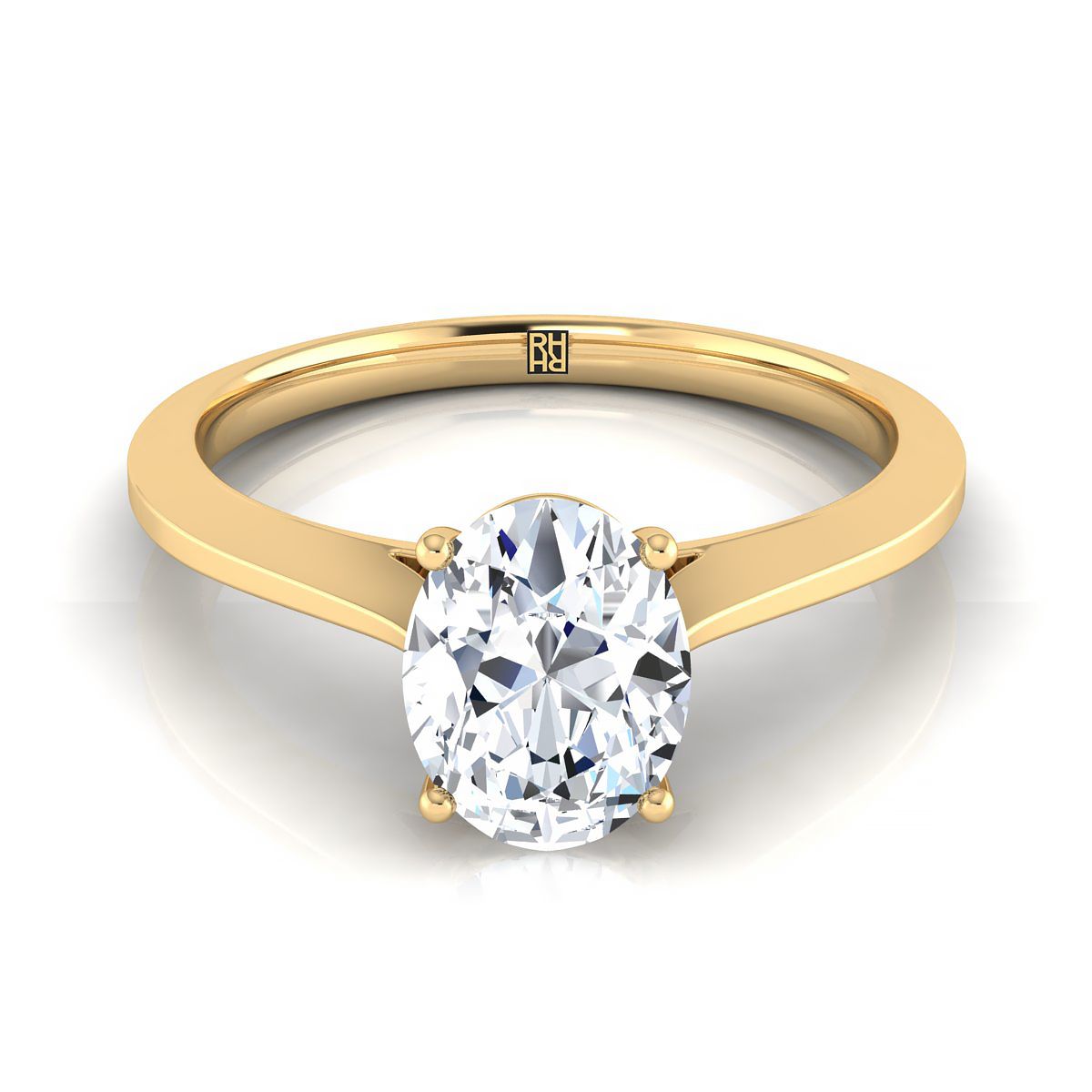 Timeless Graduated Beveled Shank Solitaire Oval, in 18K Yellow Gold, prong setting | RockHer