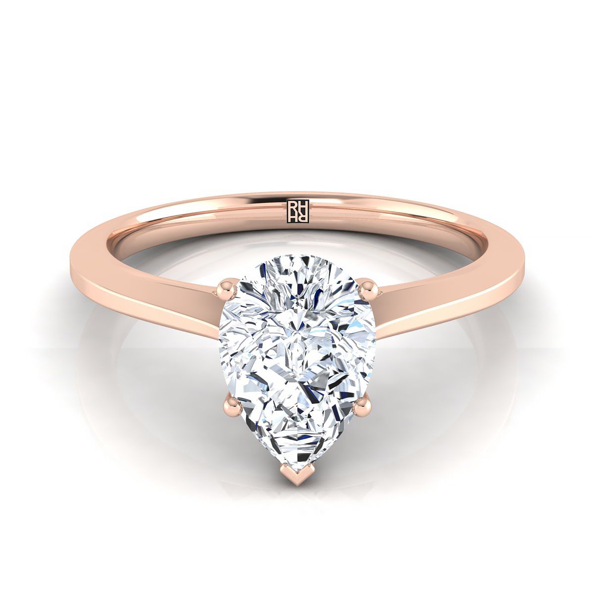 Timeless Graduated Beveled Shank Solitaire Pear Shape, in 14K Rose Gold, prong setting | RockHer