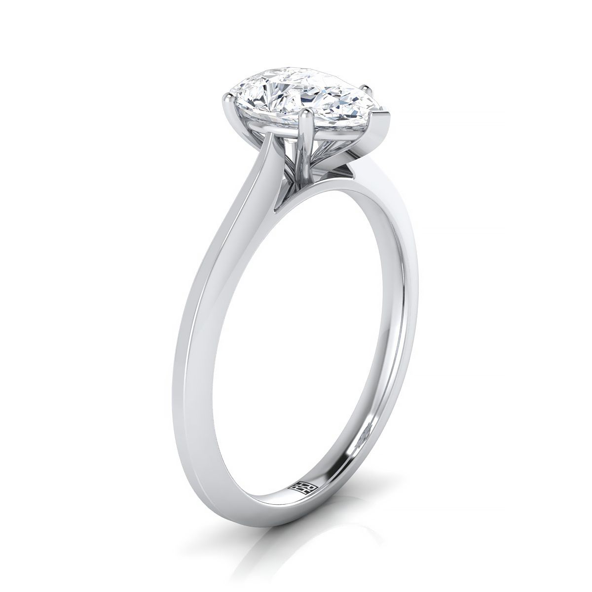Timeless Graduated Beveled Shank Solitaire Pear Shape, in 18K White Gold, prong setting – side profile | RockHer