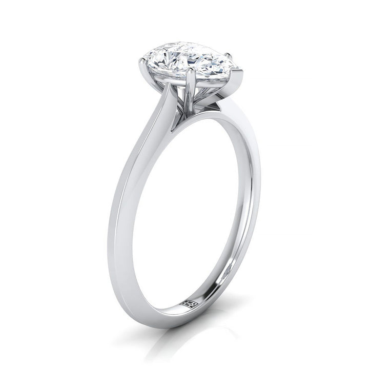 Timeless Graduated Beveled Shank Solitaire Pear Shape, in 18K White Gold, prong setting – side profile | RockHer