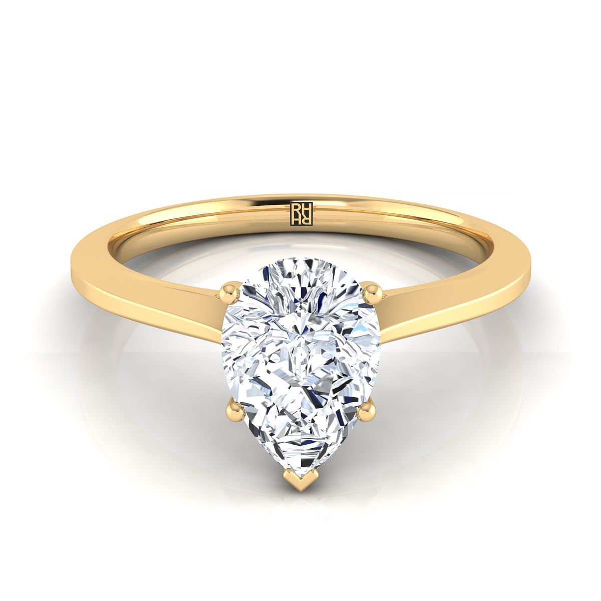 Timeless Graduated Beveled Shank Solitaire Pear Shape, in 18K Yellow Gold, prong setting | RockHer