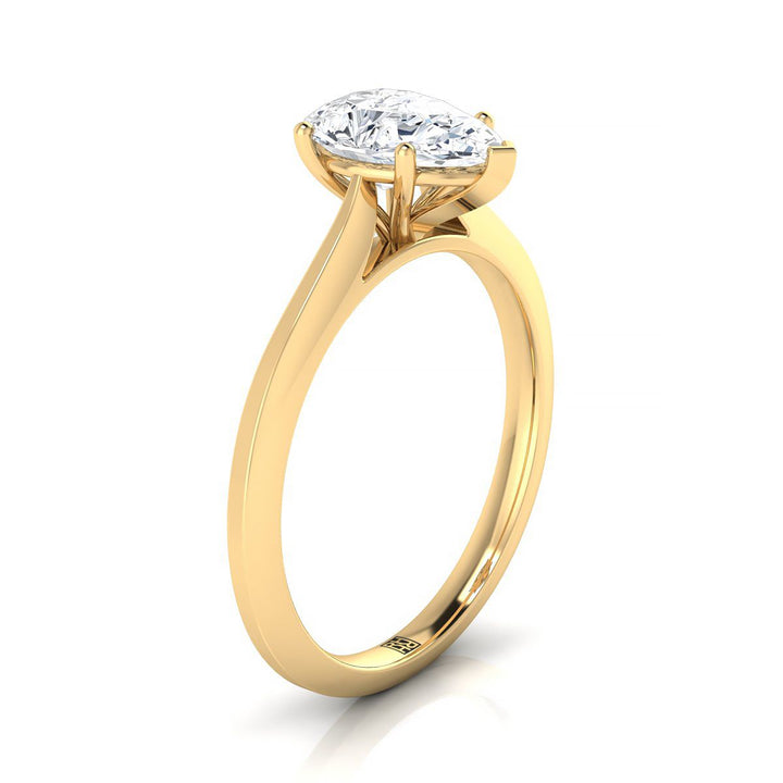 18K Yellow Gold Pear Shape Center  Timeless Solitaire Comfort Fit Engagement Ring