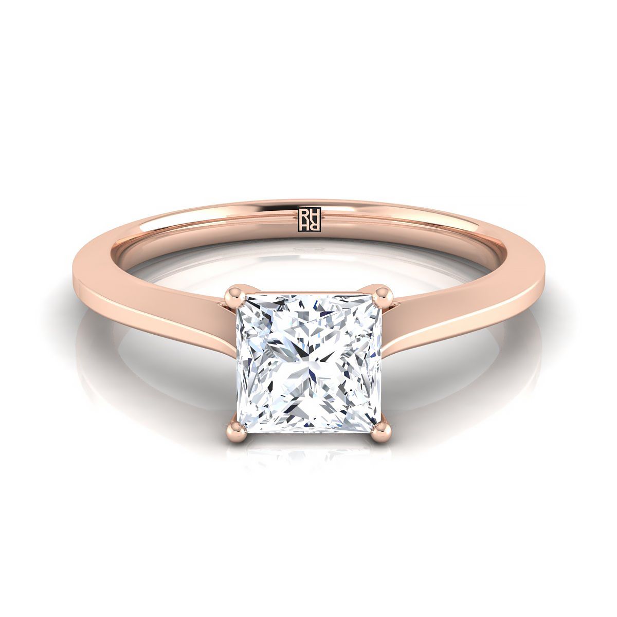 Timeless Graduated Beveled Shank Solitaire Princess, in 14K Rose Gold, prong setting | RockHer