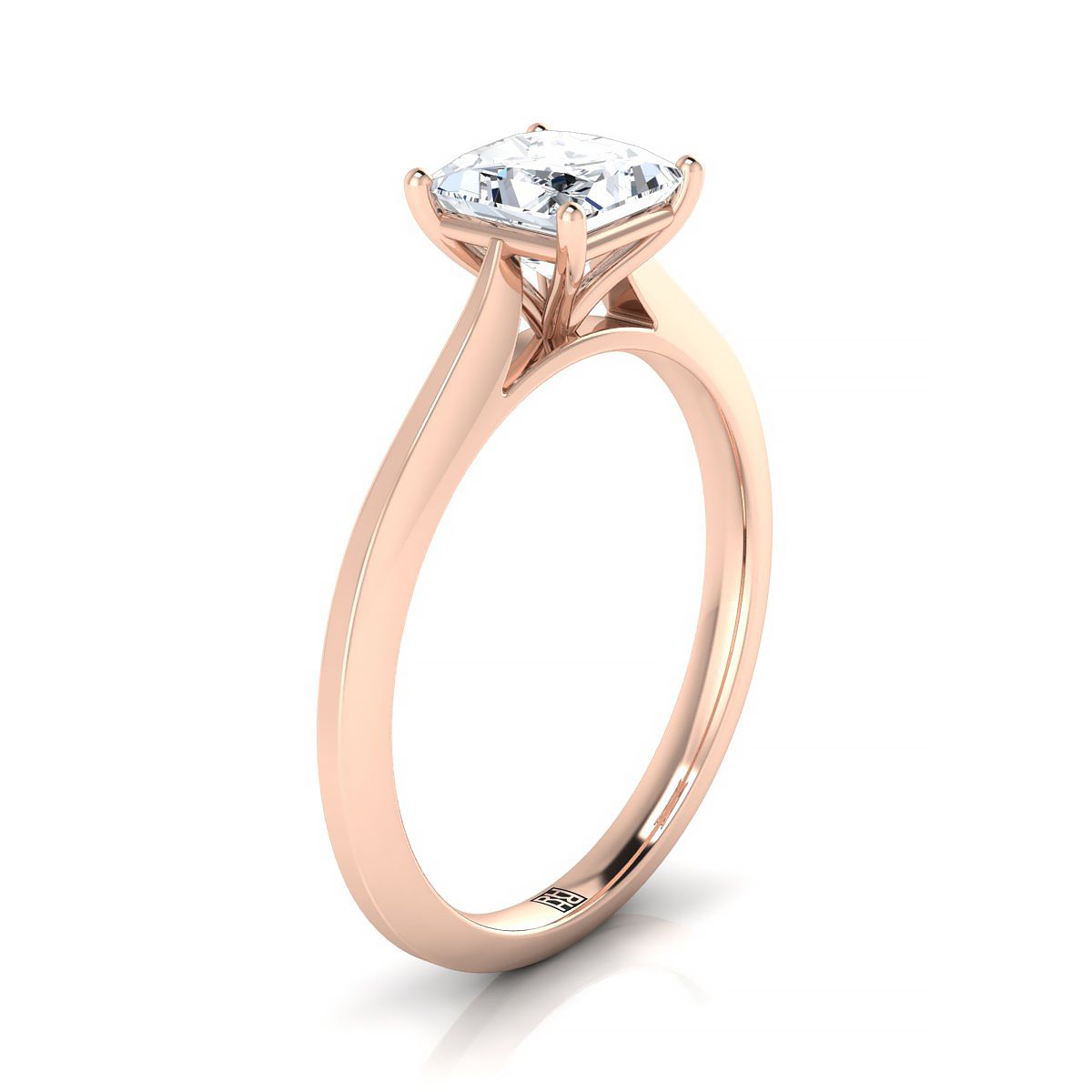 Timeless Graduated Beveled Shank Solitaire Princess, in 14K Rose Gold, prong setting – side profile | RockHer