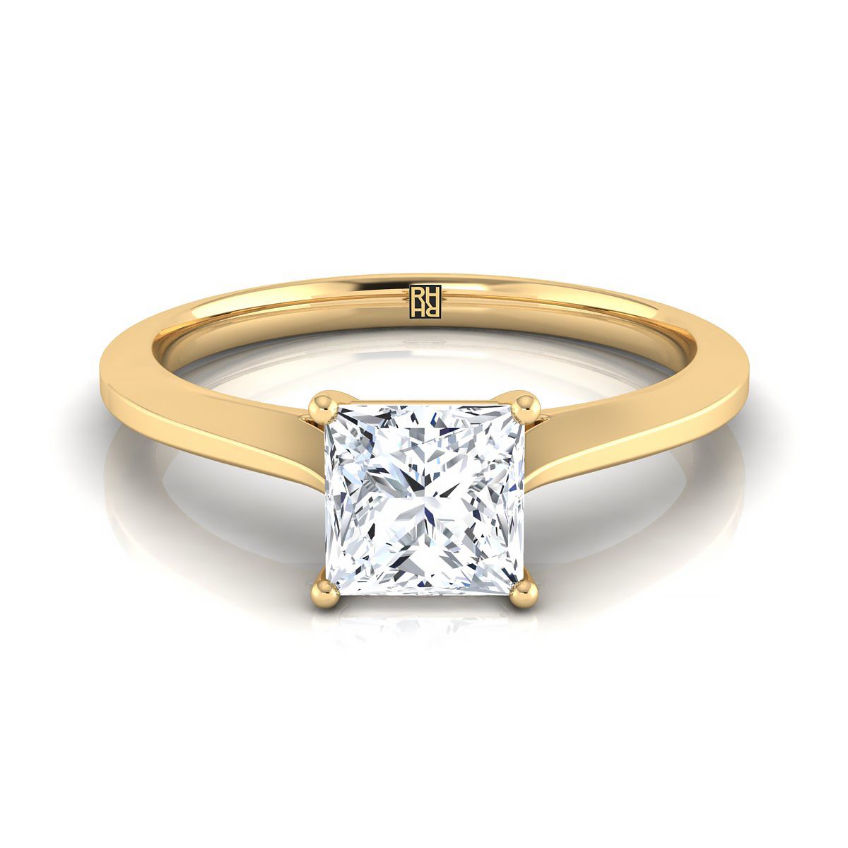 Timeless Graduated Beveled Shank Solitaire Princess, in 18K Yellow Gold, prong setting | RockHer