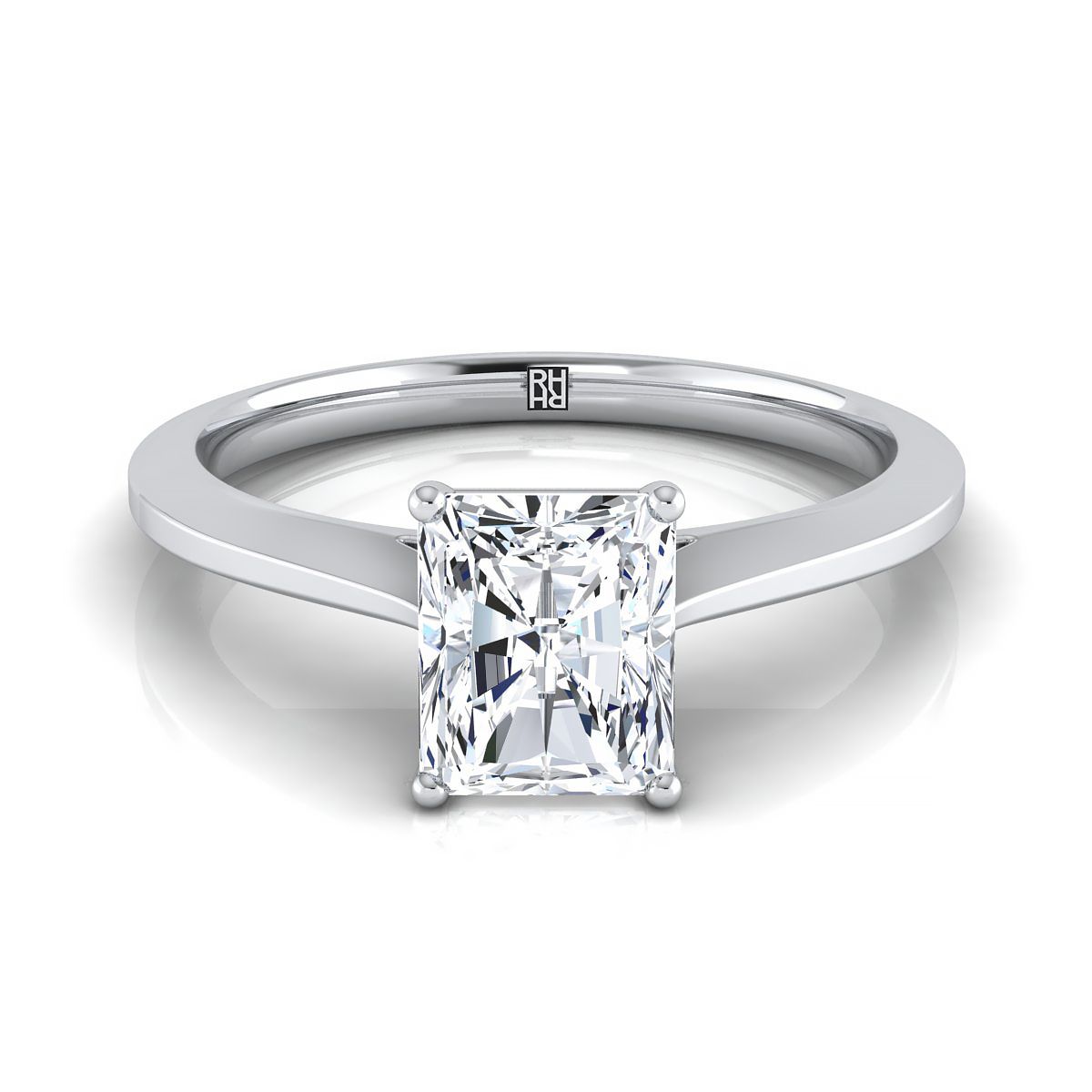 Timeless Graduated Beveled Shank Solitaire Radiant, in 18K White Gold, prong setting | RockHer