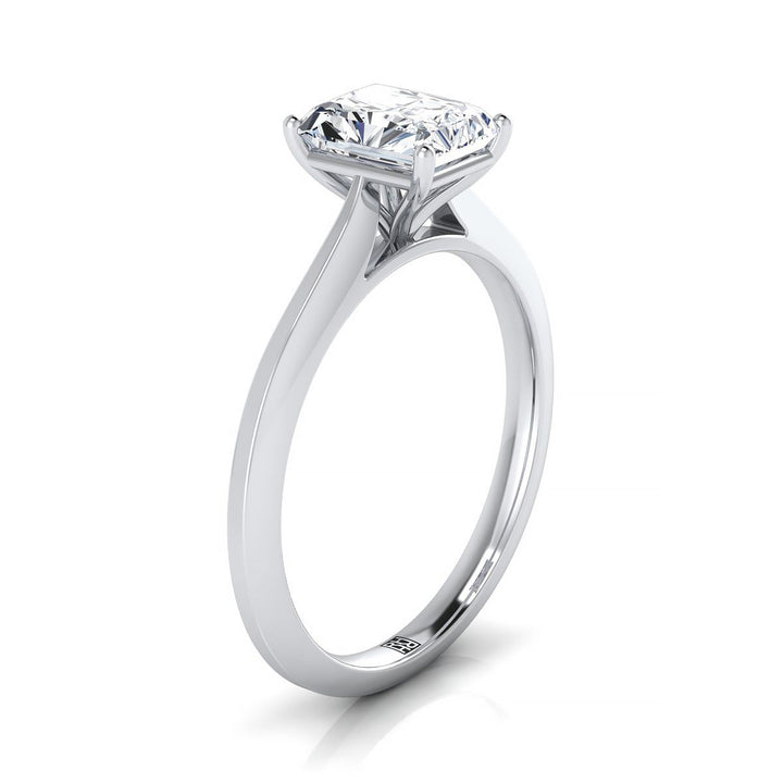 Timeless Graduated Beveled Shank Solitaire Radiant, in Platinum, prong setting – side profile | RockHer
