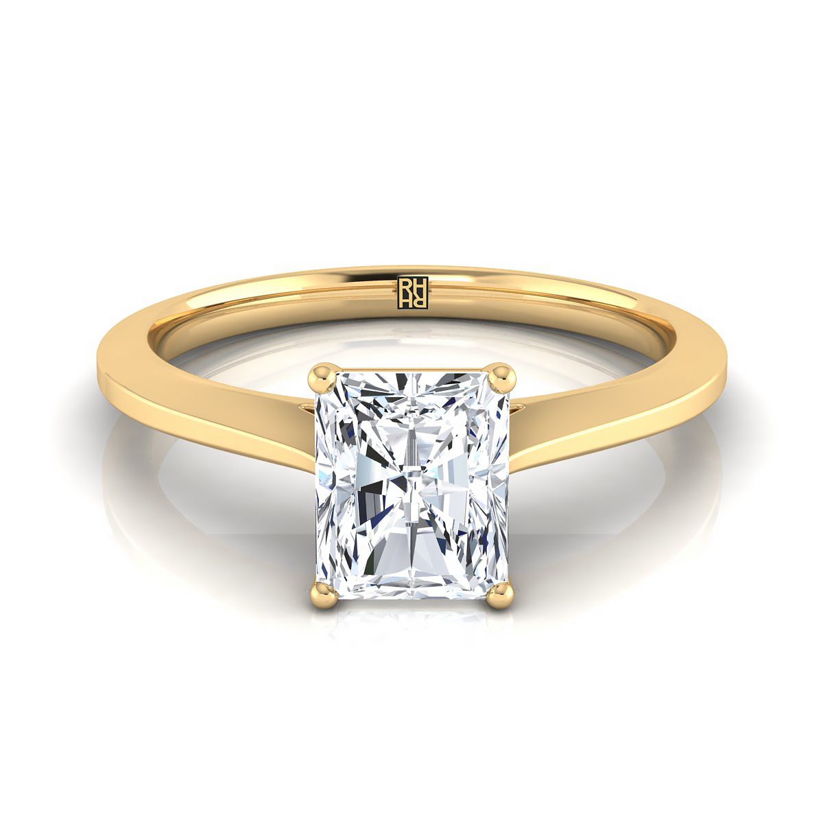 Timeless Graduated Beveled Shank Solitaire Radiant, in 18K Yellow Gold, prong setting | RockHer