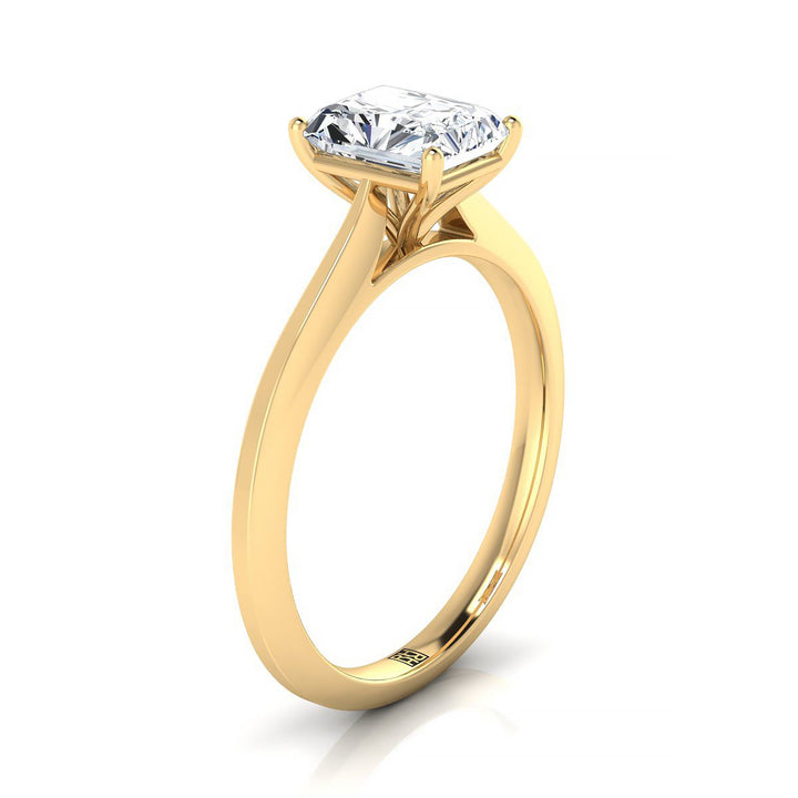 Timeless Graduated Beveled Shank Solitaire Radiant, in 18K Yellow Gold, prong setting – side profile | RockHer