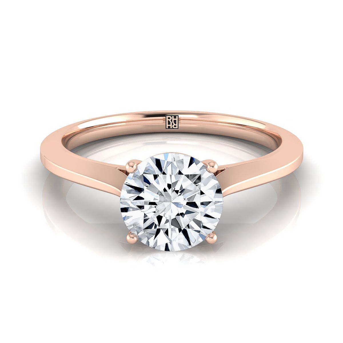 Round Brilliant, Timeless Graduated Beveled Shank Solitaire, in 14K Rose Gold, prong setting | RockHer