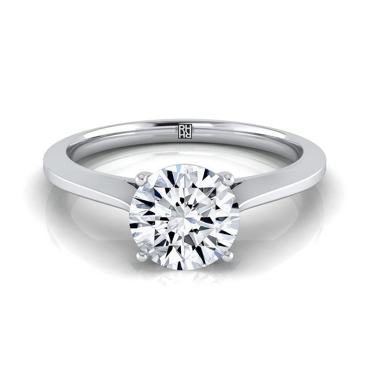 Round Brilliant, Timeless Graduated Beveled Shank Solitaire, in Platinum, prong setting | RockHer
