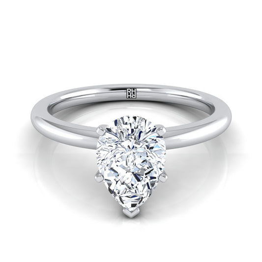 14K White Gold Pear Shape Center  Round Comfort Fit Claw Prong Solitaire Engagement Ring