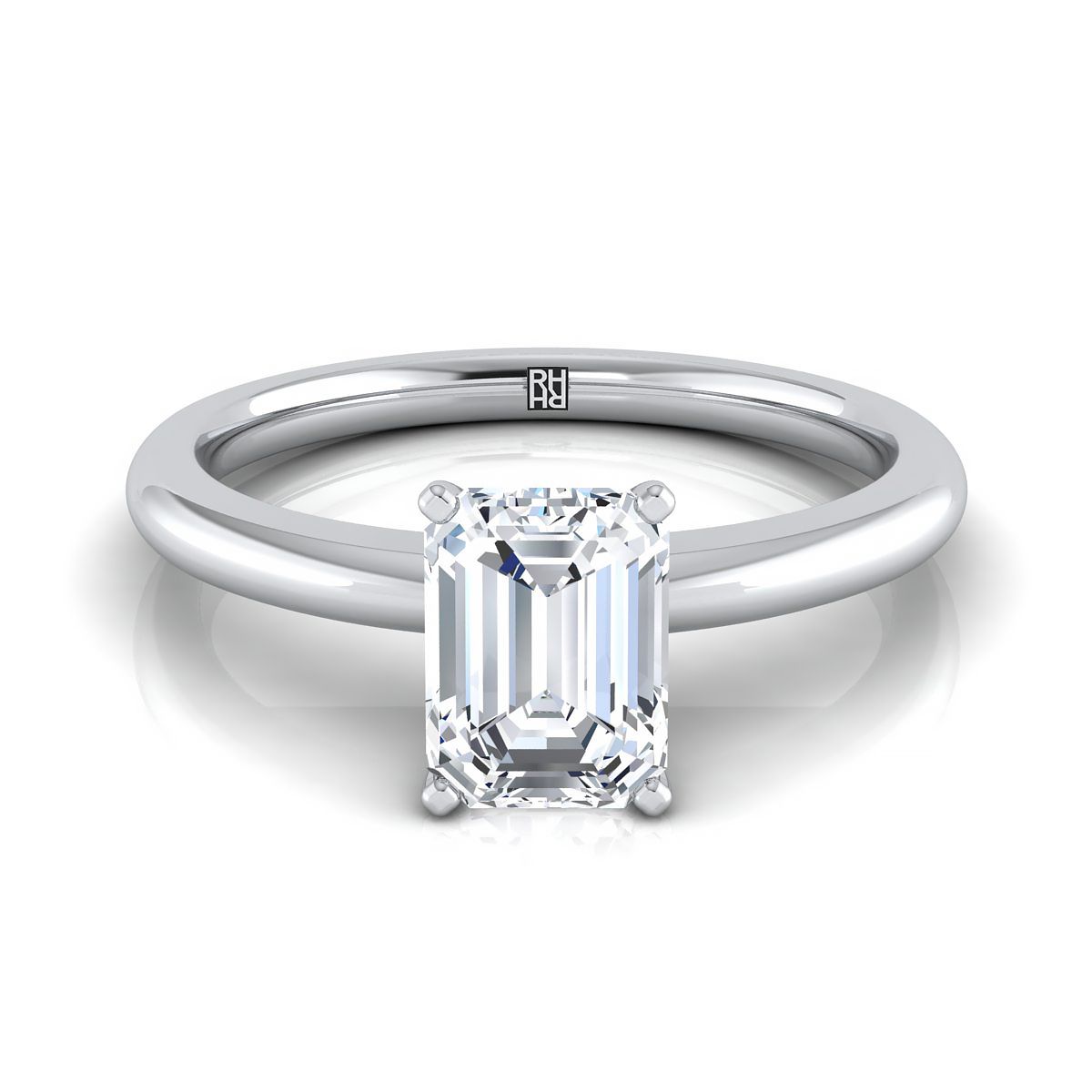 European Cut, Five Prong Comfort Fit Claw Solitaire Emerald, in 18K White Gold | RockHer
