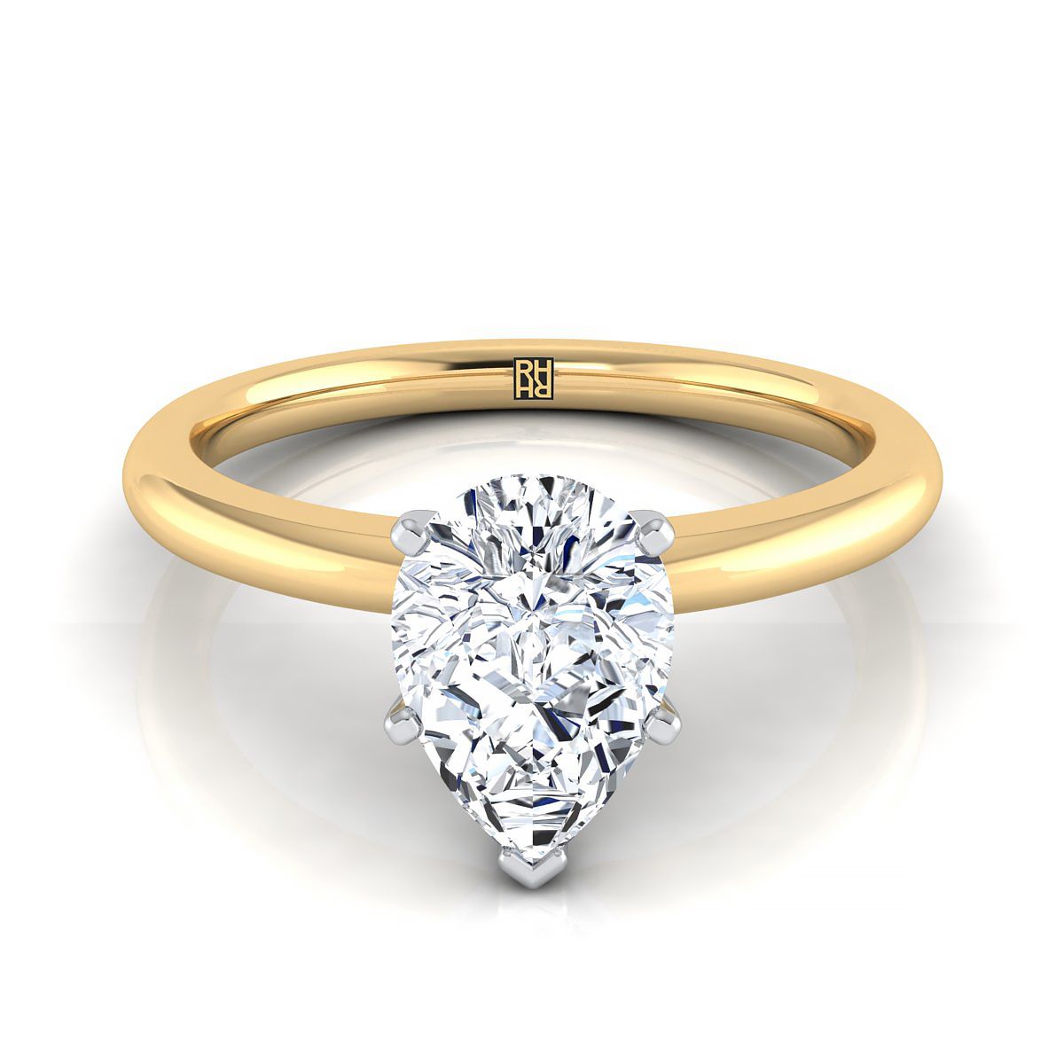 18K Yellow Gold Pear Shape Center  Round Comfort Fit Claw Prong Solitaire Engagement Ring