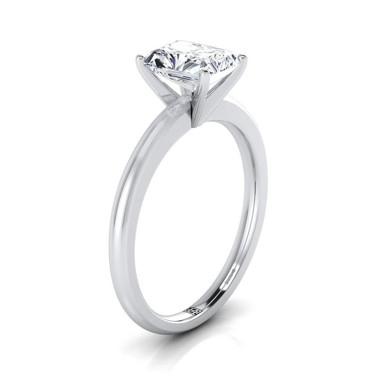 Five Prong Comfort Fit Claw Solitaire Radiant, in 18K White Gold – side profile | RockHer