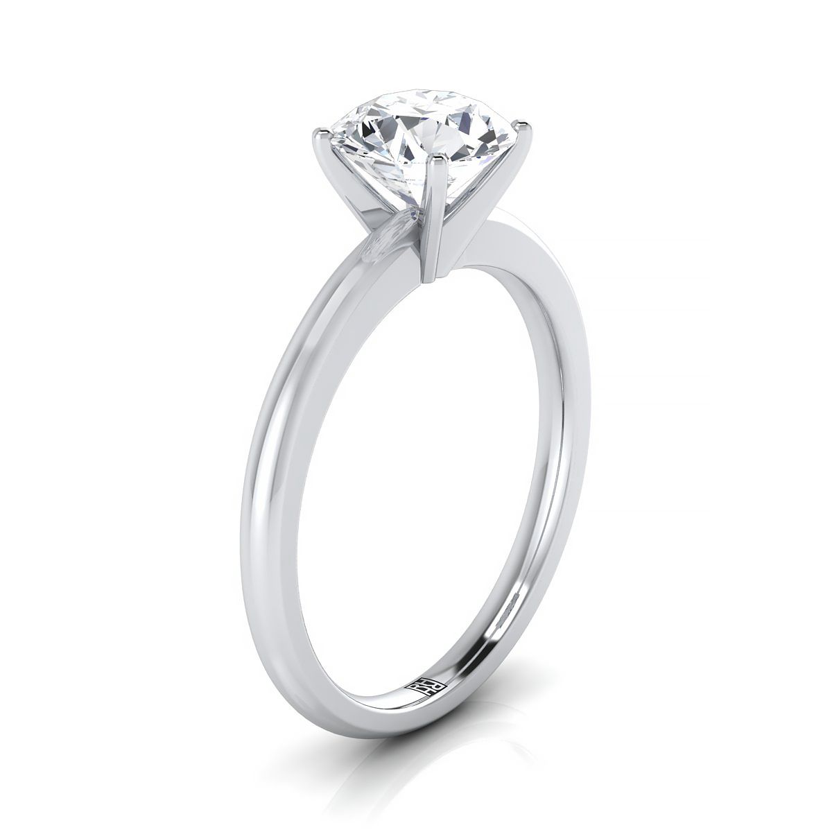 Round Brilliant, Five Prong Comfort Fit Claw Solitaire, in Platinum – side profile | RockHer