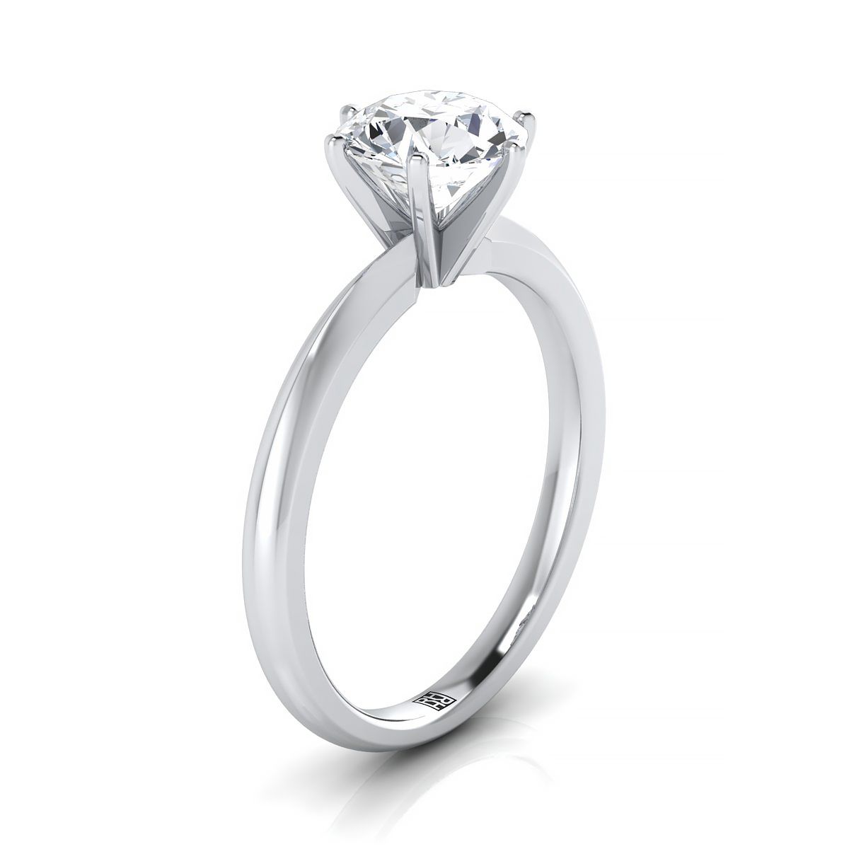 Round Brilliant, Pinched Comfort Fit Claw Prong Solitaire, in 18K White Gold – side profile | RockHer