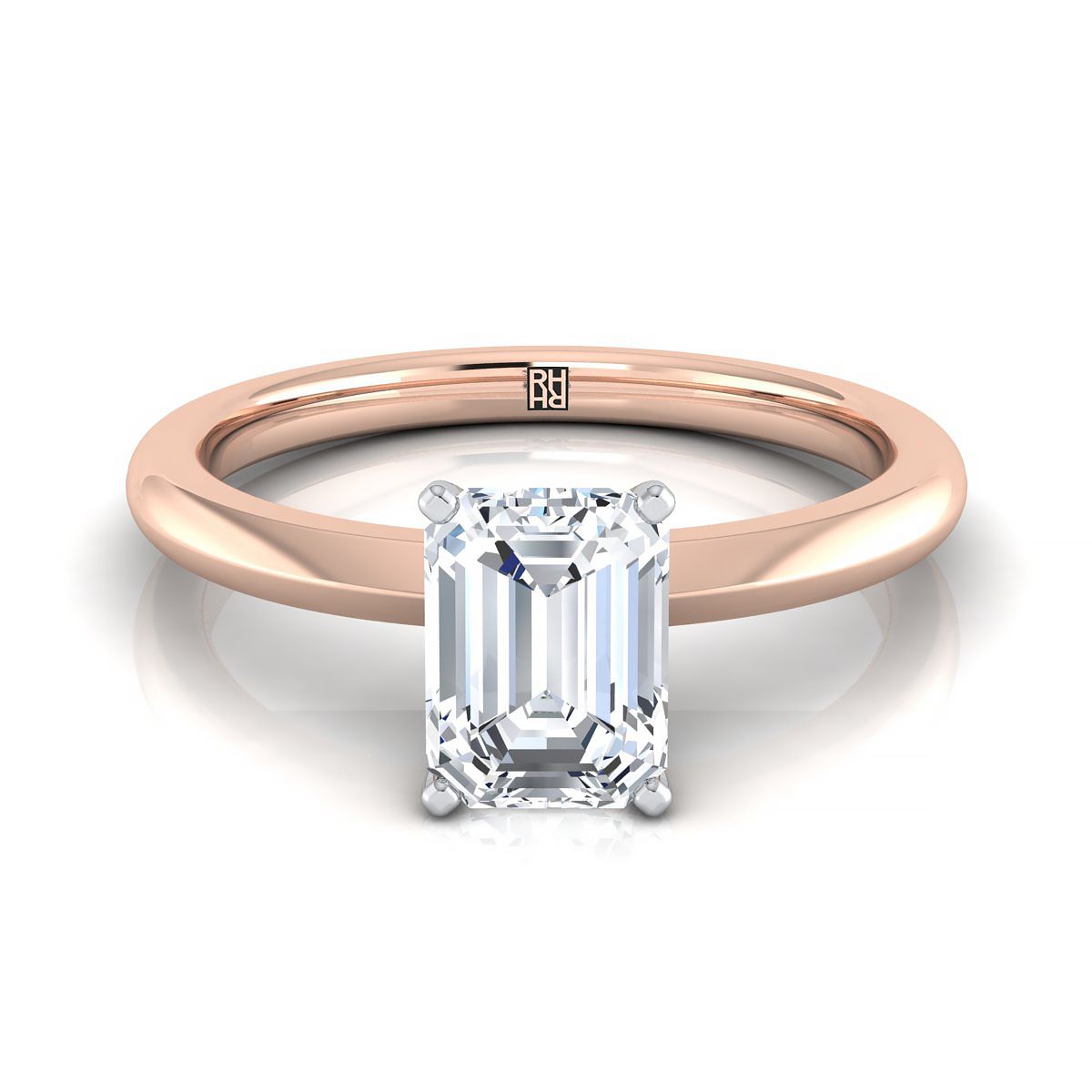 European Cut, Petite Knife Edge Solitaire Emerald, in 14K Rose Gold, prong setting | RockHer