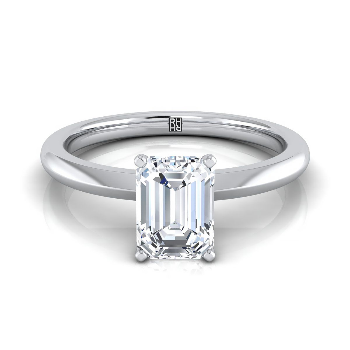 European Cut, Petite Knife Edge Solitaire Emerald, in 18K White Gold, prong setting | RockHer