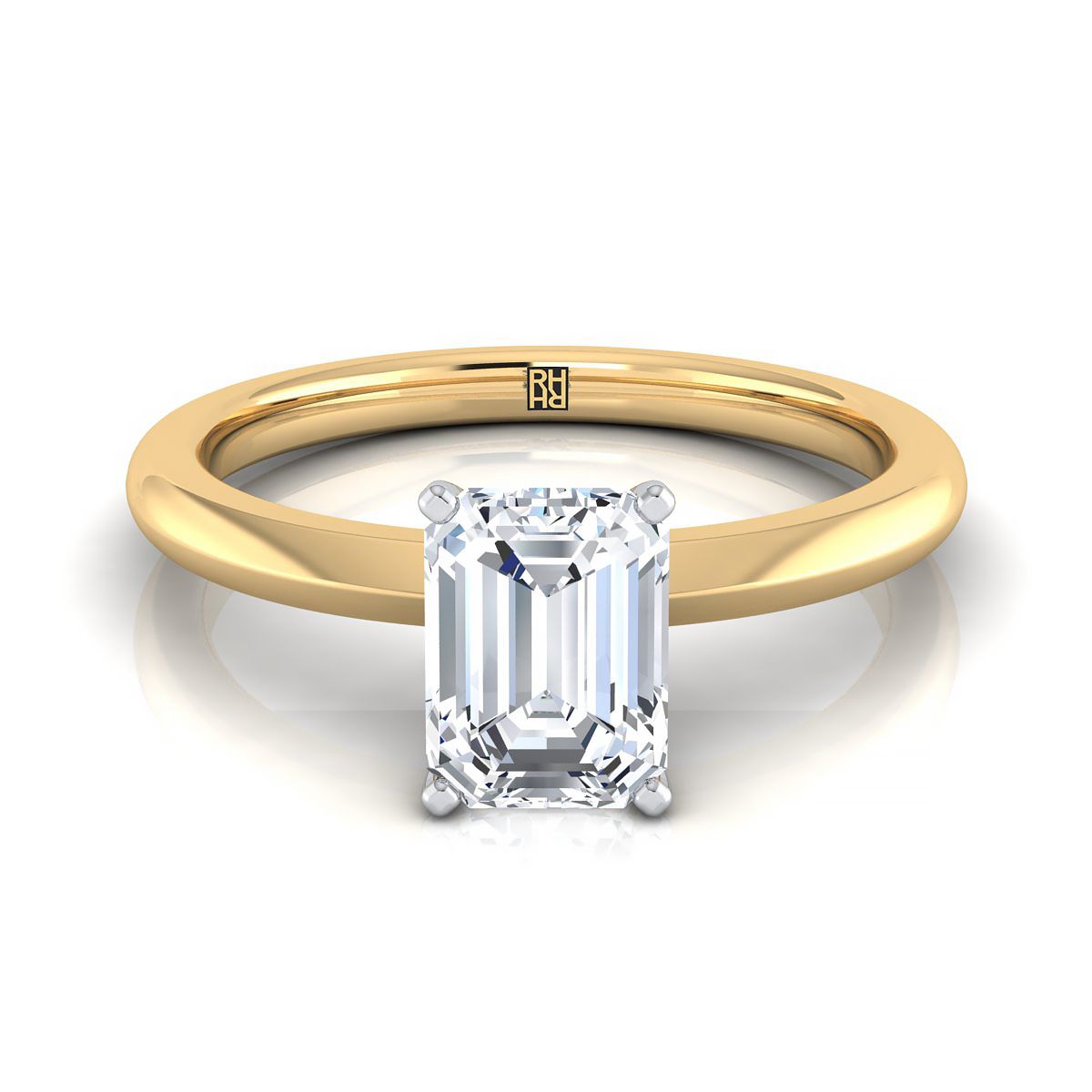 European Cut, Petite Knife Edge Solitaire Emerald, in 18K Yellow Gold, prong setting | RockHer
