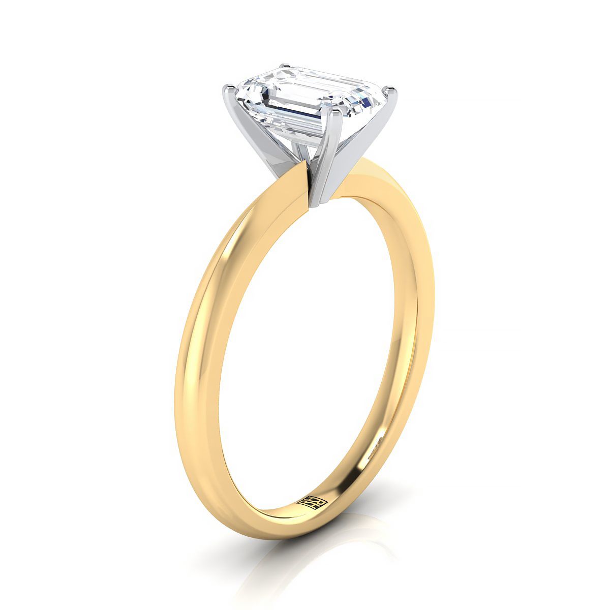 European Cut, Petite Knife Edge Solitaire Emerald, in 18K Yellow Gold, prong setting – side profile | RockHer