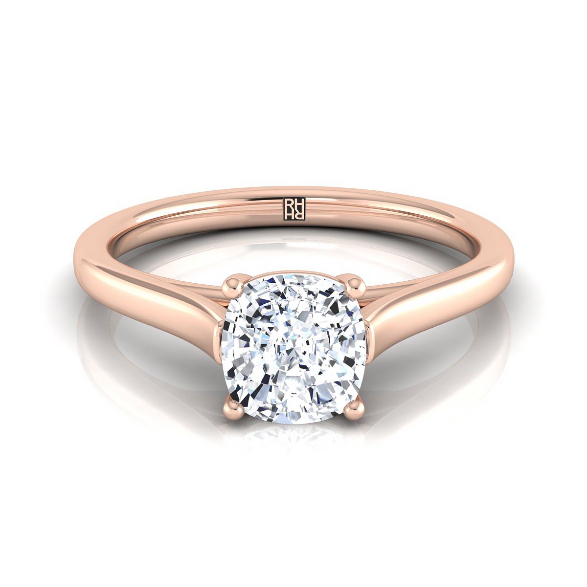 Elegant Cathedral Squared Edge Solitaire Cushion, in 14K Rose Gold, prong setting | RockHer