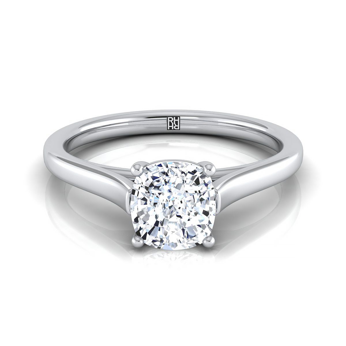 Elegant Cathedral Squared Edge Solitaire Cushion, in Platinum, prong setting | RockHer