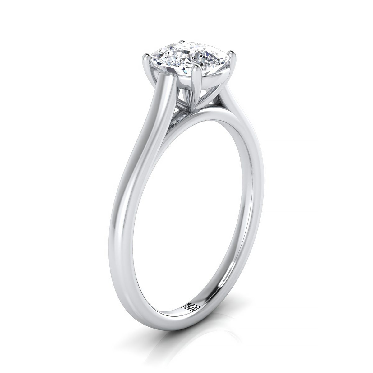 Elegant Cathedral Squared Edge Solitaire Cushion, in Platinum, prong setting – side profile | RockHer