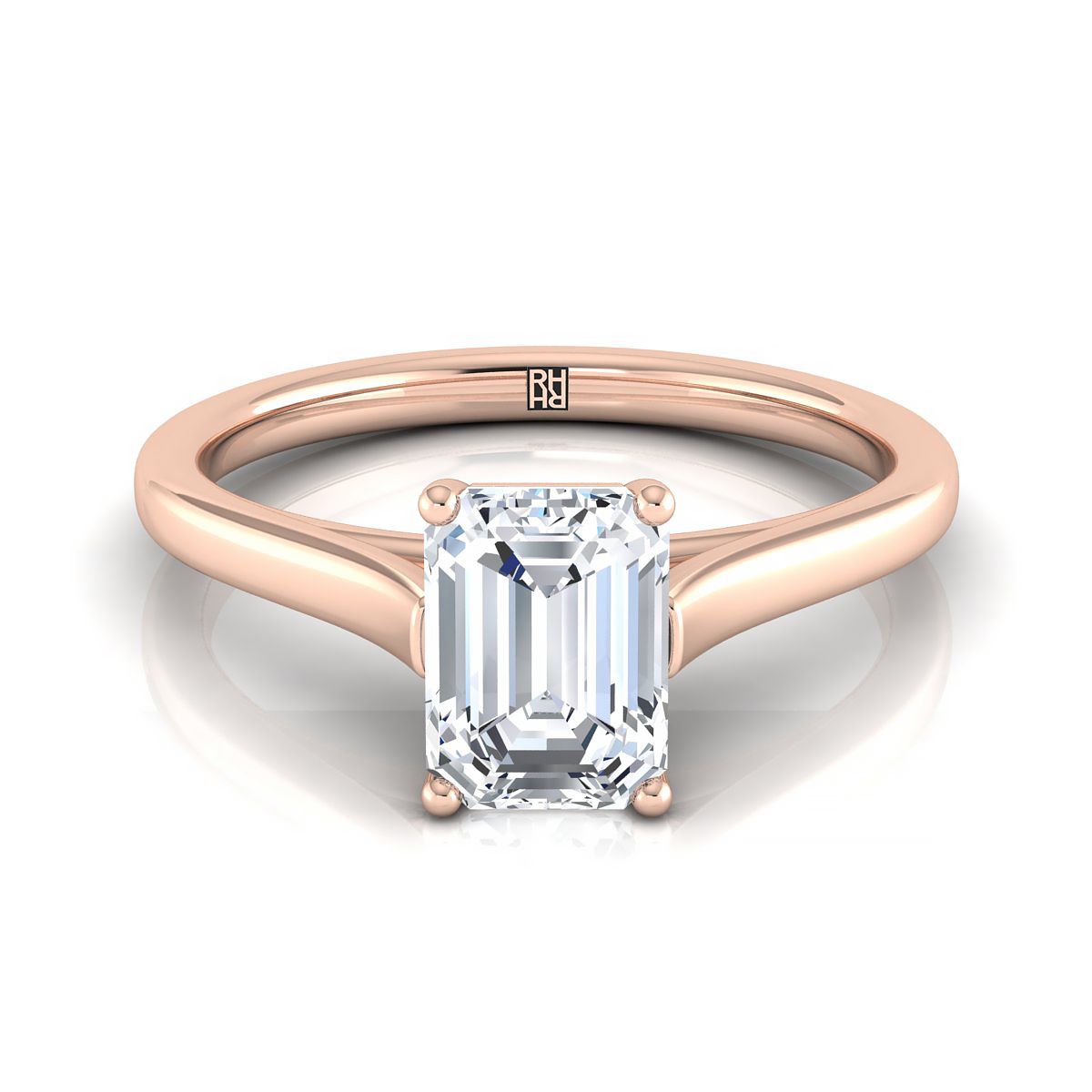 European Cut, Elegant Cathedral Squared Edge Solitaire Emerald, in 14K Rose Gold, prong setting | RockHer