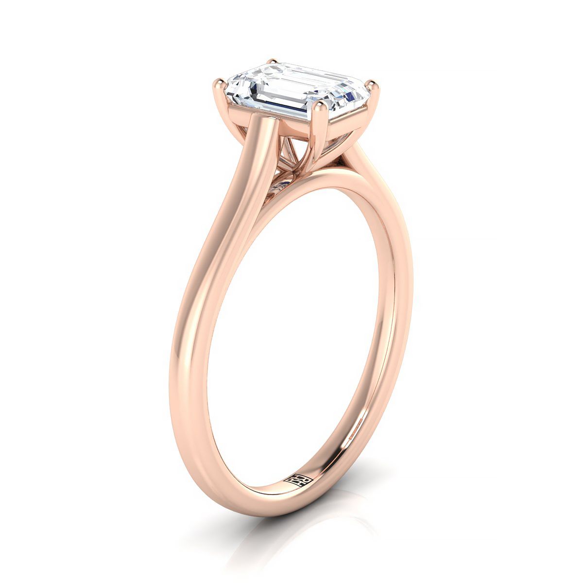 European Cut, Elegant Cathedral Squared Edge Solitaire Emerald, in 14K Rose Gold, prong setting – side profile | RockHer