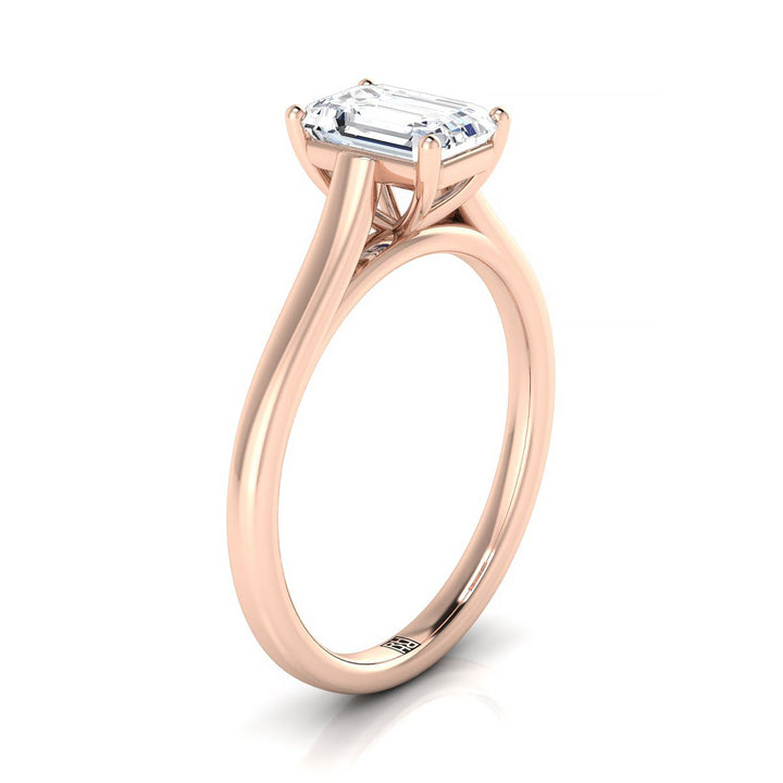 European Cut, Elegant Cathedral Squared Edge Solitaire Emerald, in 14K Rose Gold, prong setting – side profile | RockHer