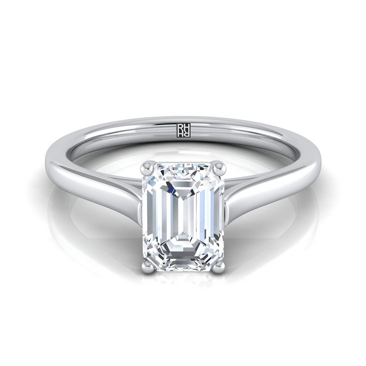 European Cut, Elegant Cathedral Squared Edge Solitaire Emerald, in 18K White Gold, prong setting | RockHer