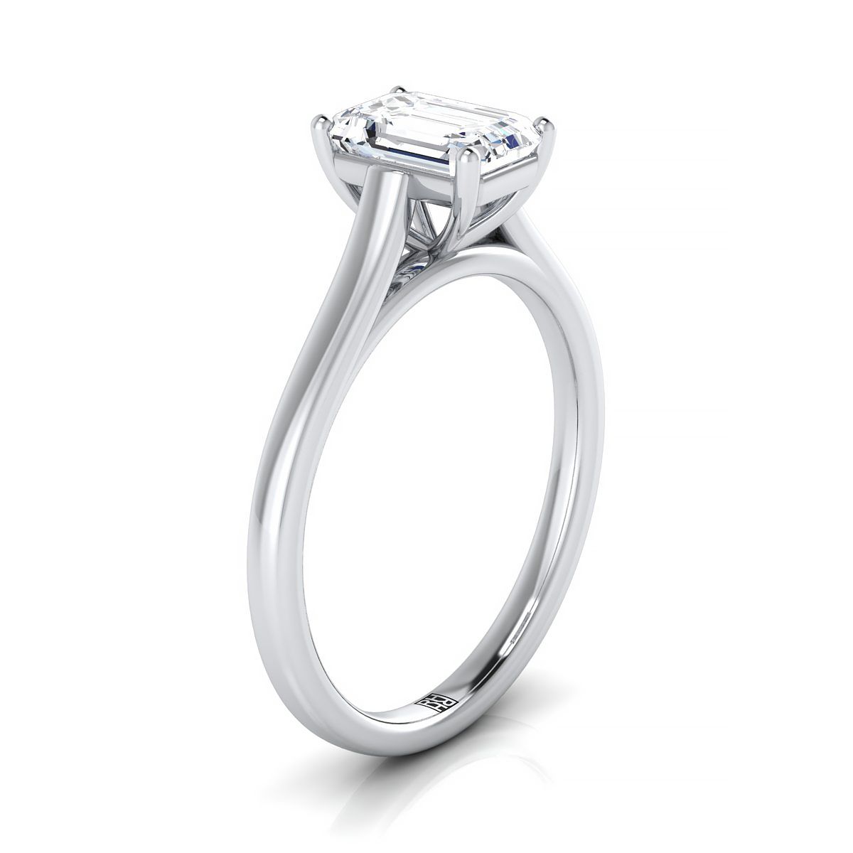 European Cut, Elegant Cathedral Squared Edge Solitaire Emerald, in 18K White Gold, prong setting – side profile | RockHer