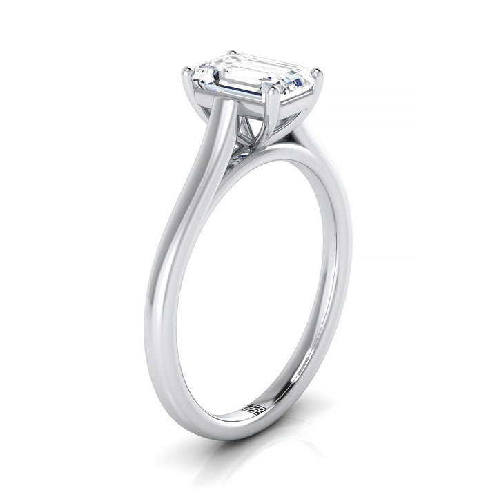 European Cut, Elegant Cathedral Squared Edge Solitaire Emerald, in 18K White Gold, prong setting – side profile | RockHer