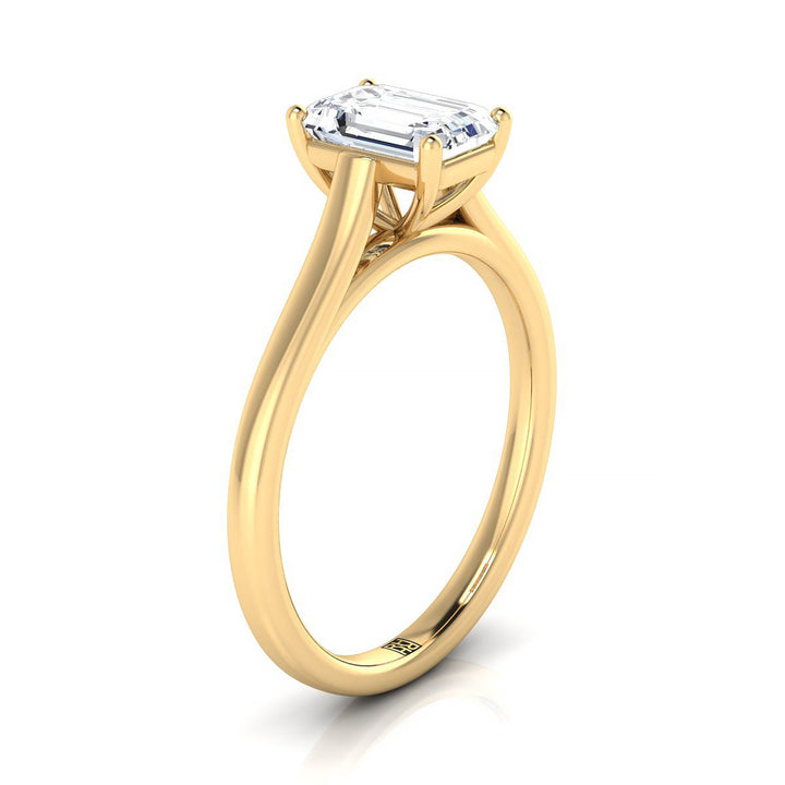 European Cut, Elegant Cathedral Squared Edge Solitaire Emerald, in 18K Yellow Gold, prong setting – side profile | RockHer