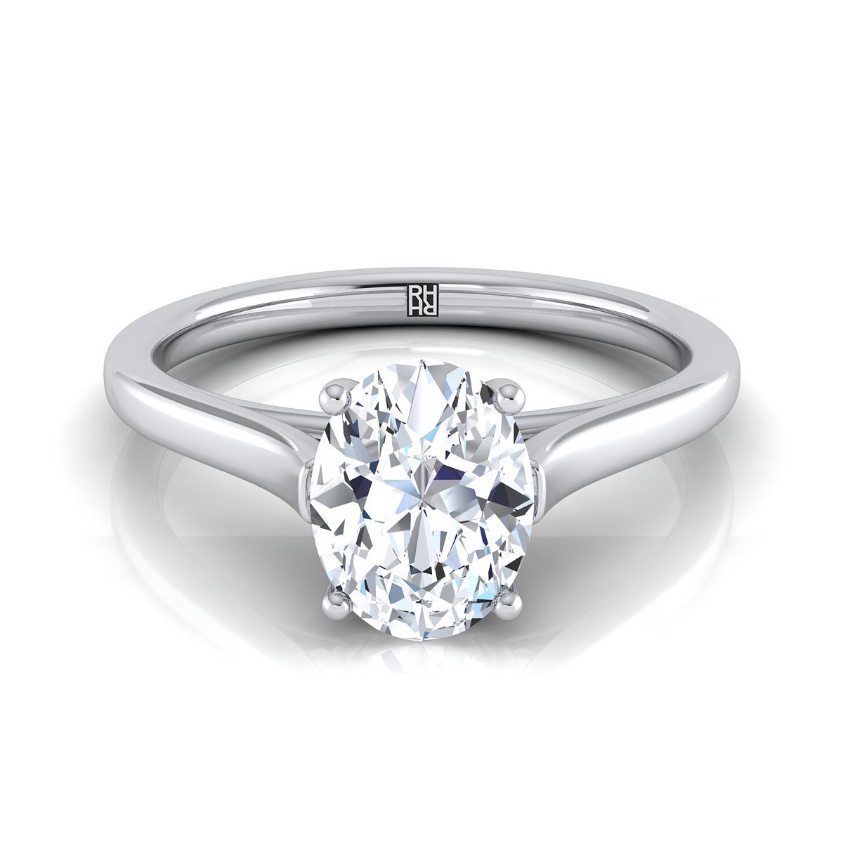 Elegant Cathedral Squared Edge Solitaire Oval, in 18K White Gold, prong setting | RockHer
