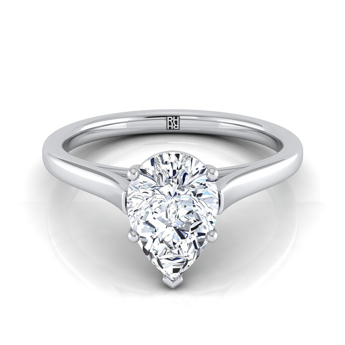 Elegant Cathedral Squared Edge Solitaire Pear Shape, in 18K White Gold, prong setting | RockHer