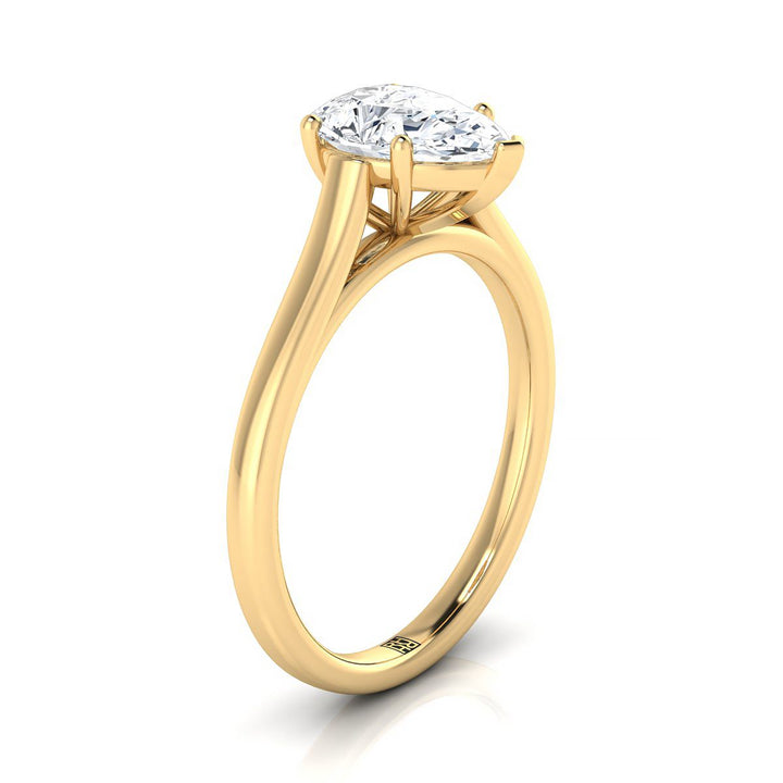 18K Yellow Gold Pear Shape Center  Elegant Cathedral Solitaire Engagement Ring