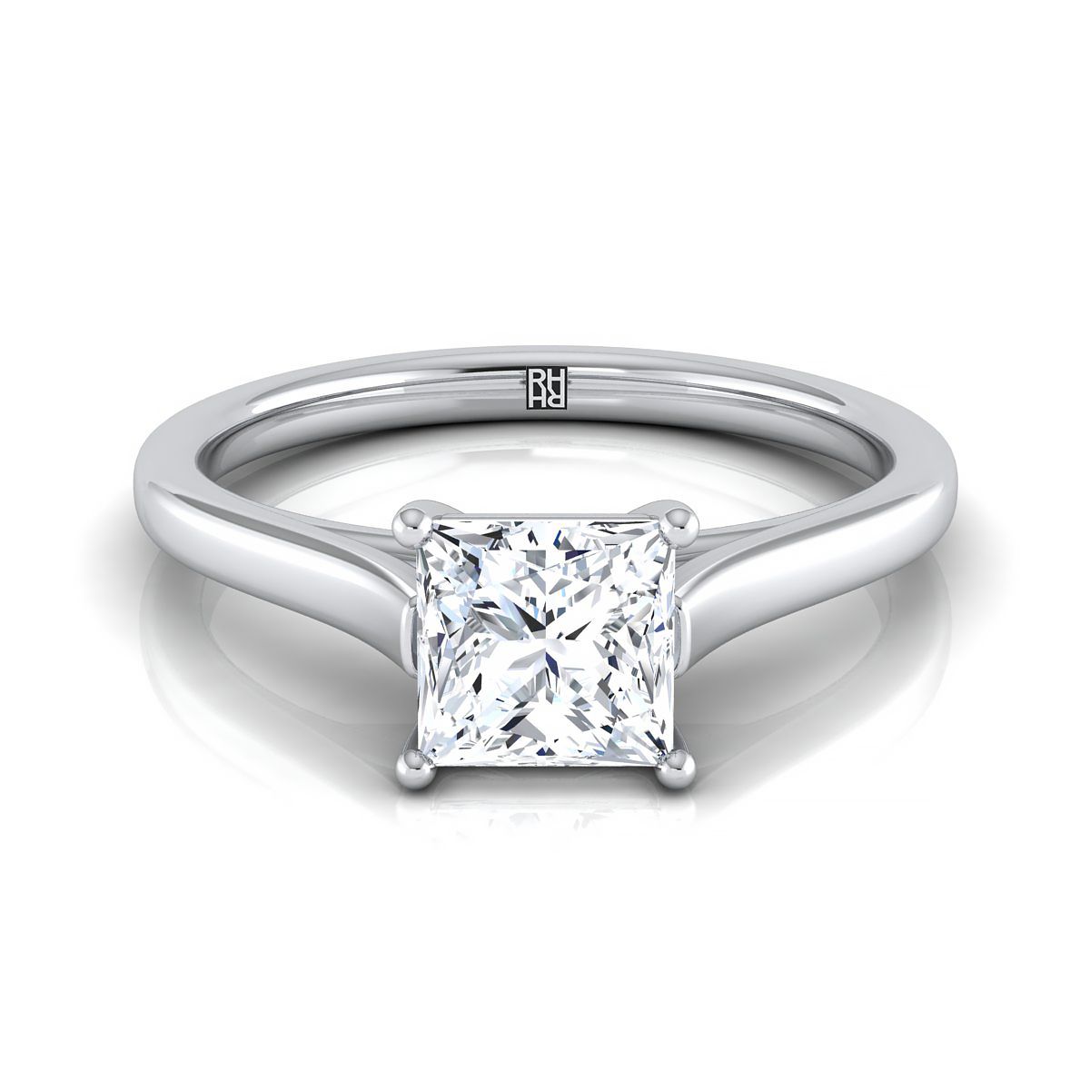 Elegant Cathedral Squared Edge Solitaire Princess, in 18K White Gold, prong setting | RockHer