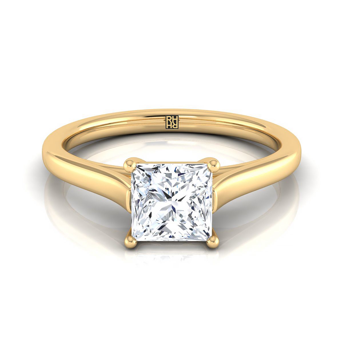 Elegant Cathedral Squared Edge Solitaire Princess, in 18K Yellow Gold, prong setting | RockHer