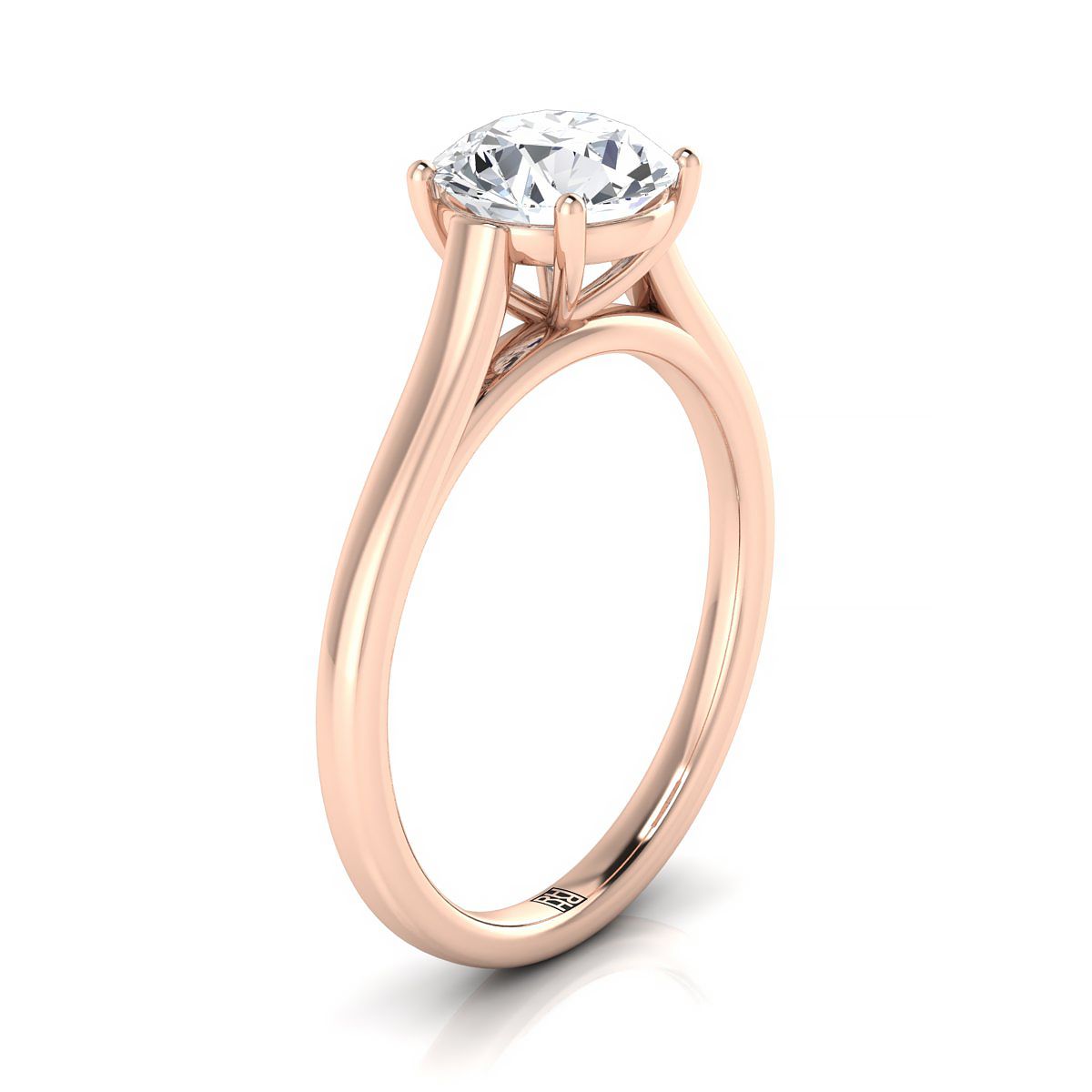 Round Brilliant, Elegant Cathedral Squared Edge Solitaire, in 14K Rose Gold, prong setting – side profile | RockHer