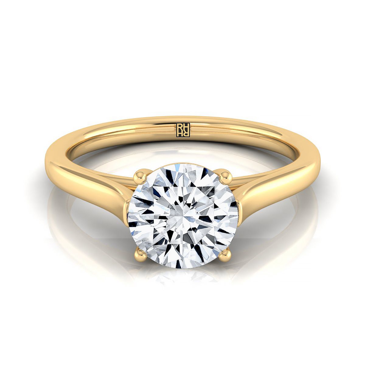 Round Brilliant, Elegant Cathedral Squared Edge Solitaire, in 18K Yellow Gold, prong setting | RockHer